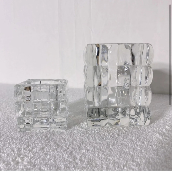 Vintage  Clear Cut Crystal Square Textured Ice Cube Candle Holders - Picture 2 of 9